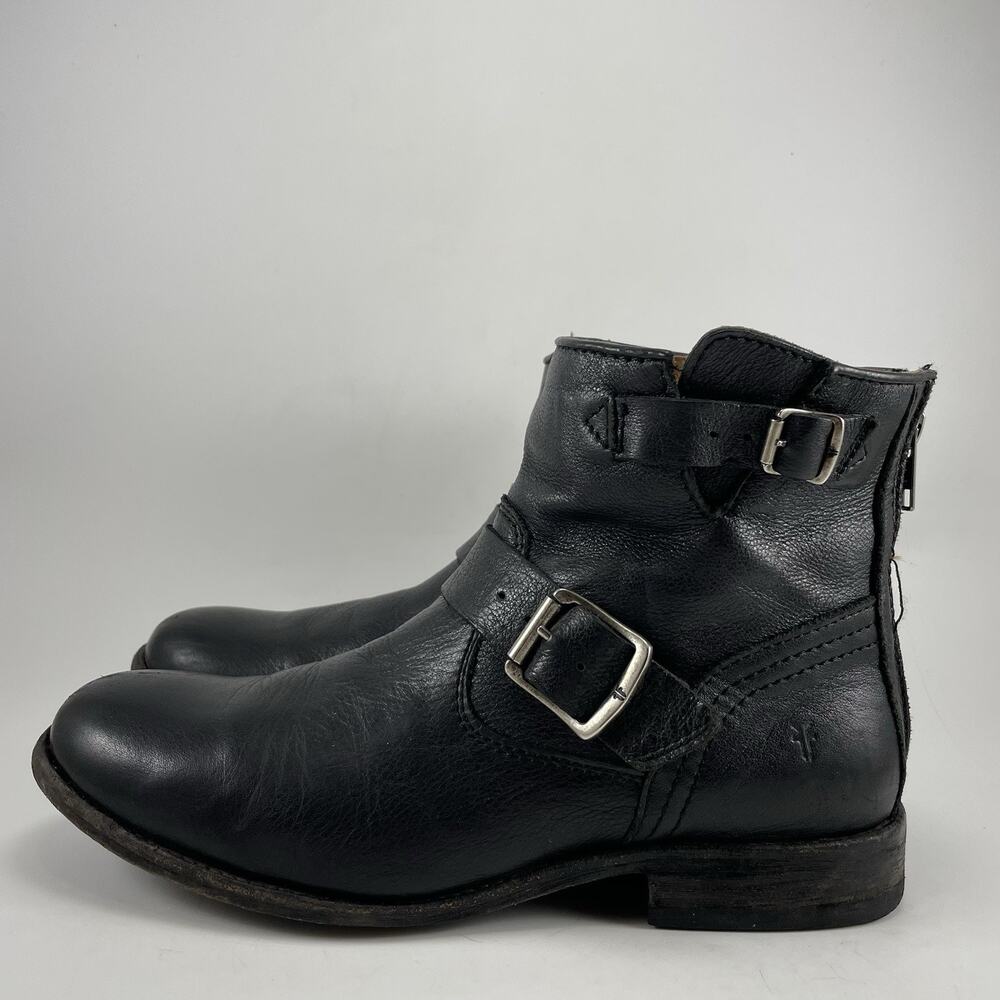 Frye Tyler Engineer Ankle Boots Womens Size 8 B Black Leather Moto Biker Buckle - Picture 3 of 13
